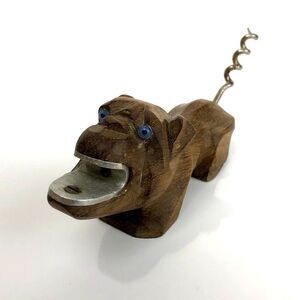 VTG Bulldog Bottle Opener  Corkscrew Hand Carved Wood France Blue Glass Eyes